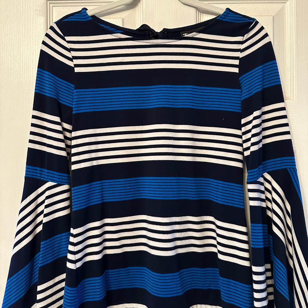 New York & Company Striped Blue and White Women's Top With Flare Sleeves
